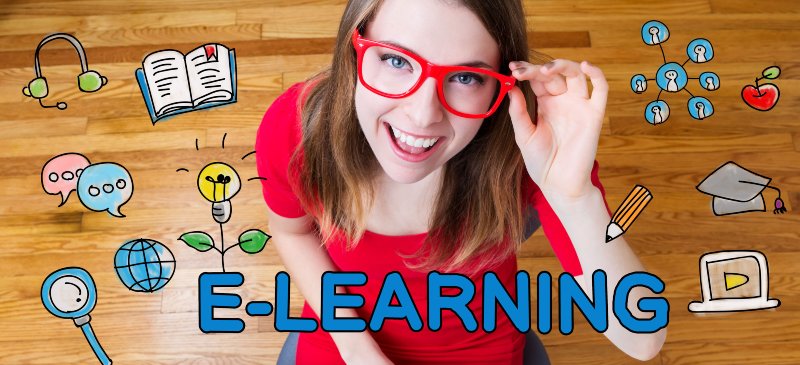 Imagen de una chica con gafas mirando desde abajo a la cámara rodeada de dibujitos y la palabra e-learning