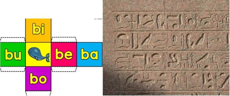 Dados infantiles y jeroglífico egipcio.