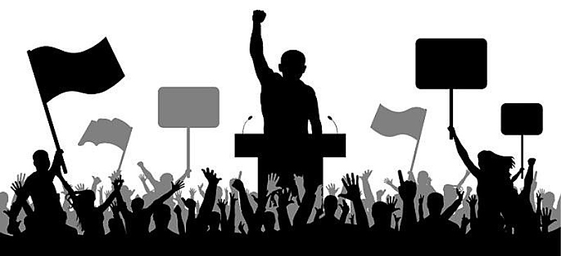 Dibujo sobre lo que es el populismo. gente con banderas y alguien en un atril con el puño en alto. todo el distintos tonos de blanco y negro