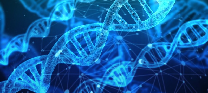 ADN retocada. Imágenes de cadenas de ADN en color azul brillante sobre fondo negro