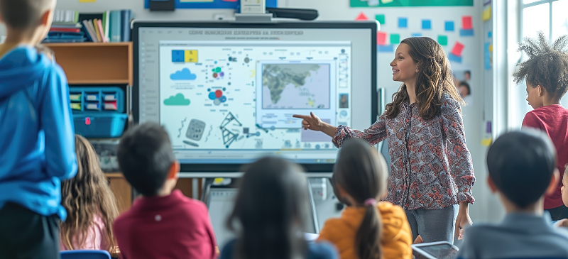 Aprendizaje observacional aplicado por la profesora que enseña geografía a sus alumnos en la pizarra digital