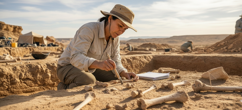 Creación visual de una arqueóloga experta en tafonomía.