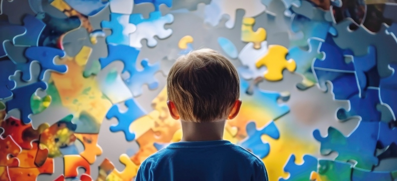 Niño frente a un rompecabezas con las piezas rotas. Metáfora de autismo.