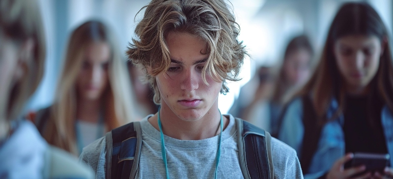 Adolescente mirando de forma seria la pantalla de su móvil