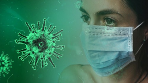 coronavirus y mujer con mascarilla