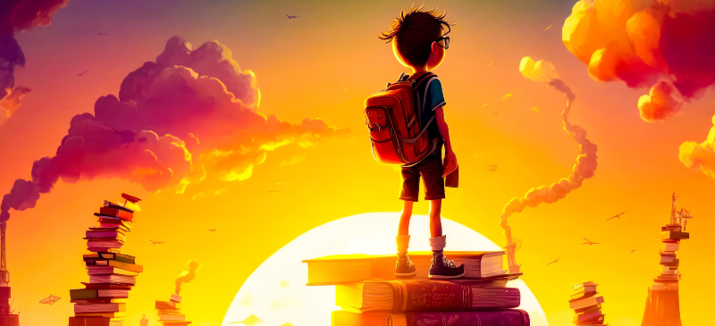 Dibujo de niño sobre una pila de libros mirando al horizonte