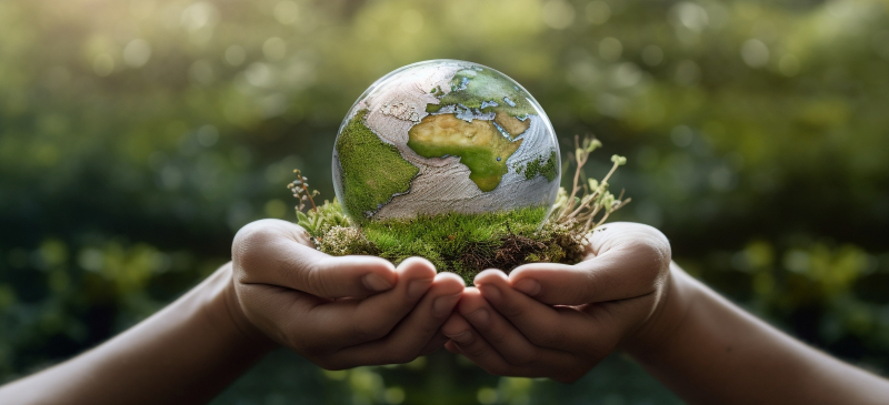 Dos manos sujetando una bola de cristal que representa al mundo y la ecología