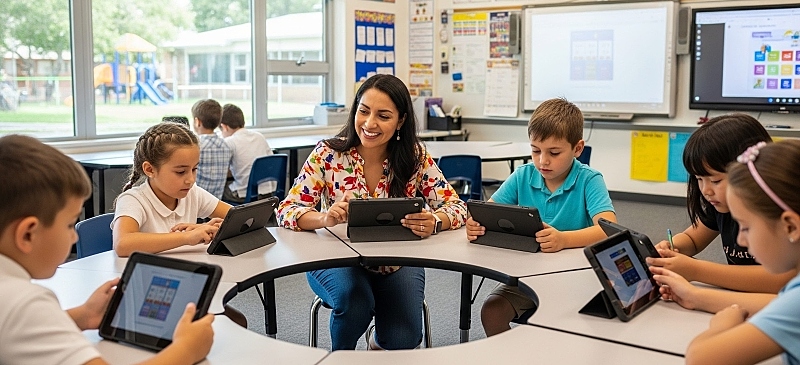 Alumnos en una clase utilizando la tecnología en su formación Alumnos en una clase utilizando la tecnología en su formación