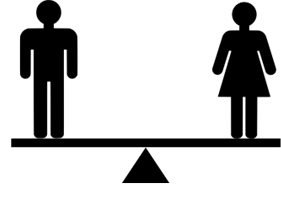 Equilibrio hombre y mujer sobre una balanza