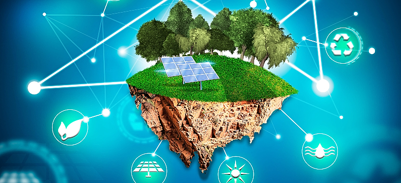 Infografía sobre una isla de tierra relacionada con iconos sobre políticas medioambientales