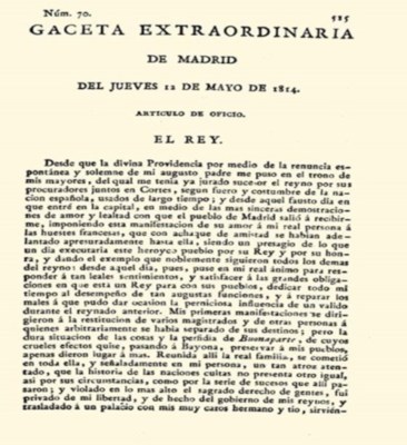  Gaceta Extraordinaria de Madrid, 12 de mayo de 1814. Fuente: revistaelobservador.com.