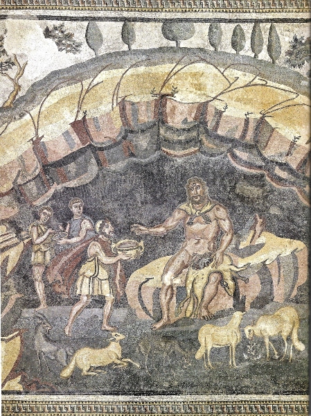 Representación de Odiseo en el acto de ofrecer vino al Cíclope, procedente de la villa del Casale de Piazza Armerina, Sicilia, Italia (foto de D. Piay, 2025).