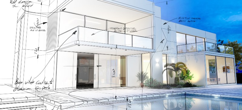 Diseño arquitectónico de una vivienda. Mezcla de dibujos y fotografías de una mansión con piscina.