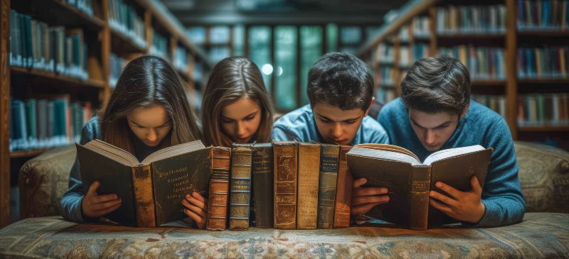 Jóvenes leyendo en una biblioteca