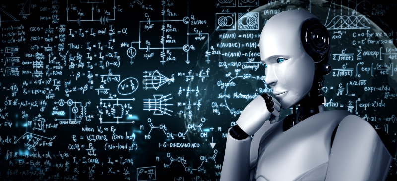 Robot mirando una pizarra con fórmulas matemáticas