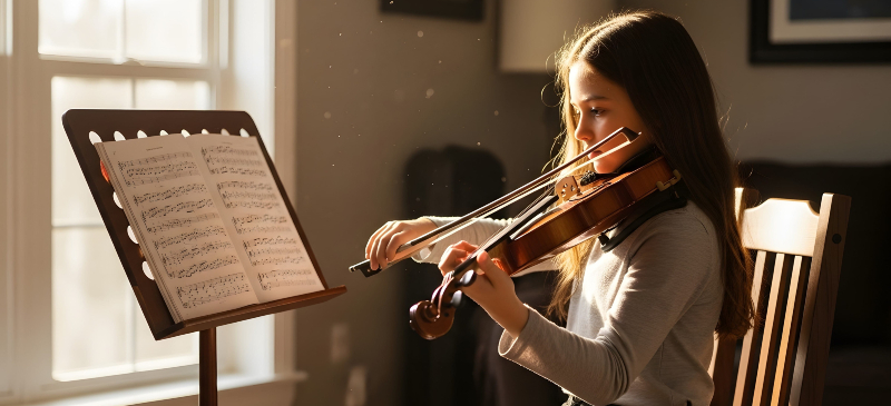 Niña tocando el violín en su casa