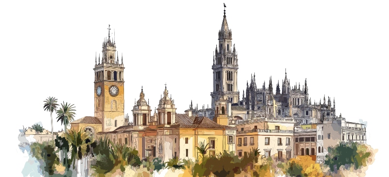 Acuarela de la catedral de Sevilla y la Giralda