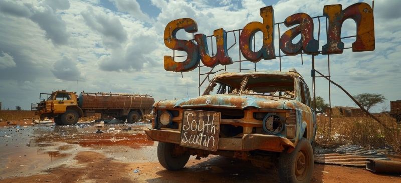 Imagen de un letrero de Sudan y dos vehículos abandonados en malas condiciones