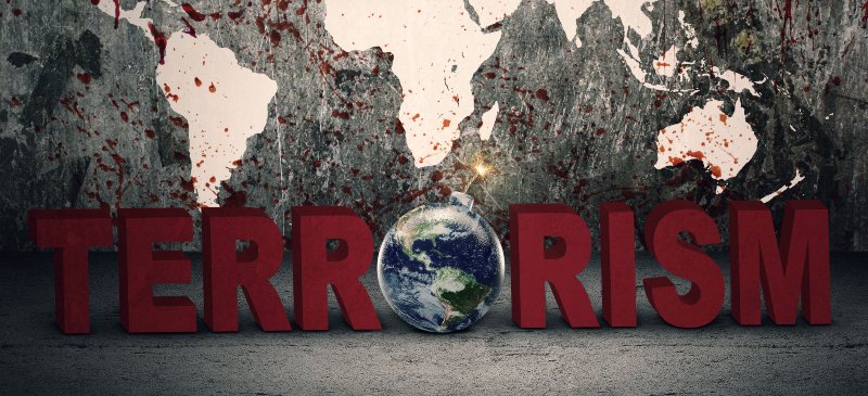 mapa del mundo de terrorismo con la palabra terrorismo y la primera letra O con la bola del mundo