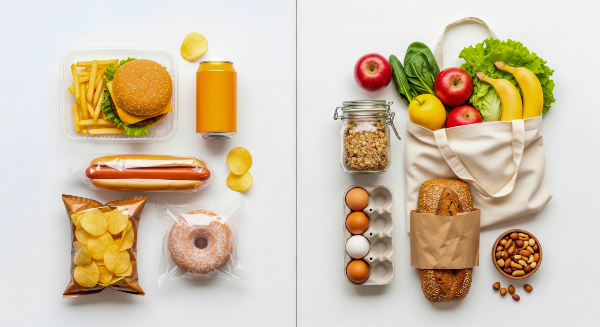 Comparativa de alimentos ultraprocesados y naturales