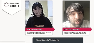 Marta Sánchez Viejo y Joan Llorca Albareda en el debate del webinar sobre la Filosofía de la Tecnología