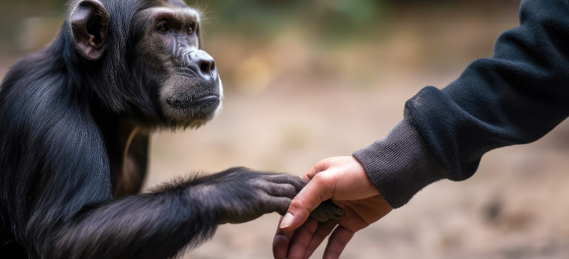 Chimpancé y mano de humano tocándose