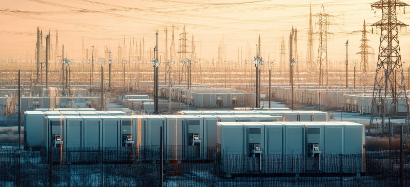 Unidades de almacenamiento de energía se alinean en filas mientras el sol se pone, iluminando el paisaje rural y la infraestructura eléctrica.