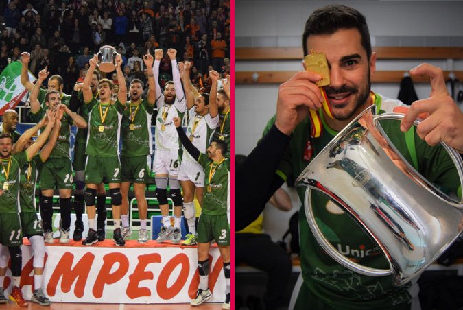 Miguel de Amo celebrando junto al Unicaja Almería la consecución de la Copa del Rey de Voleibol
